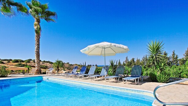 Une piscine à l’eau d’un bleu cristallin, entourée de chaises longues et d’un palmier.