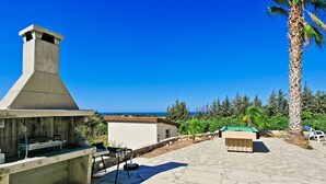Une terrasse extérieure équipée d’un barbecue, d’une table de billard et offrant une vue sur l’océan.