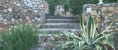 Una escalera de piedra que sube hacia un edificio, rodeada de plantas y una urna decorativa.