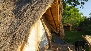 A thatched-roof structure with a stone pathway leading to a wooden bench. - Nativo Glamping (Barichara)