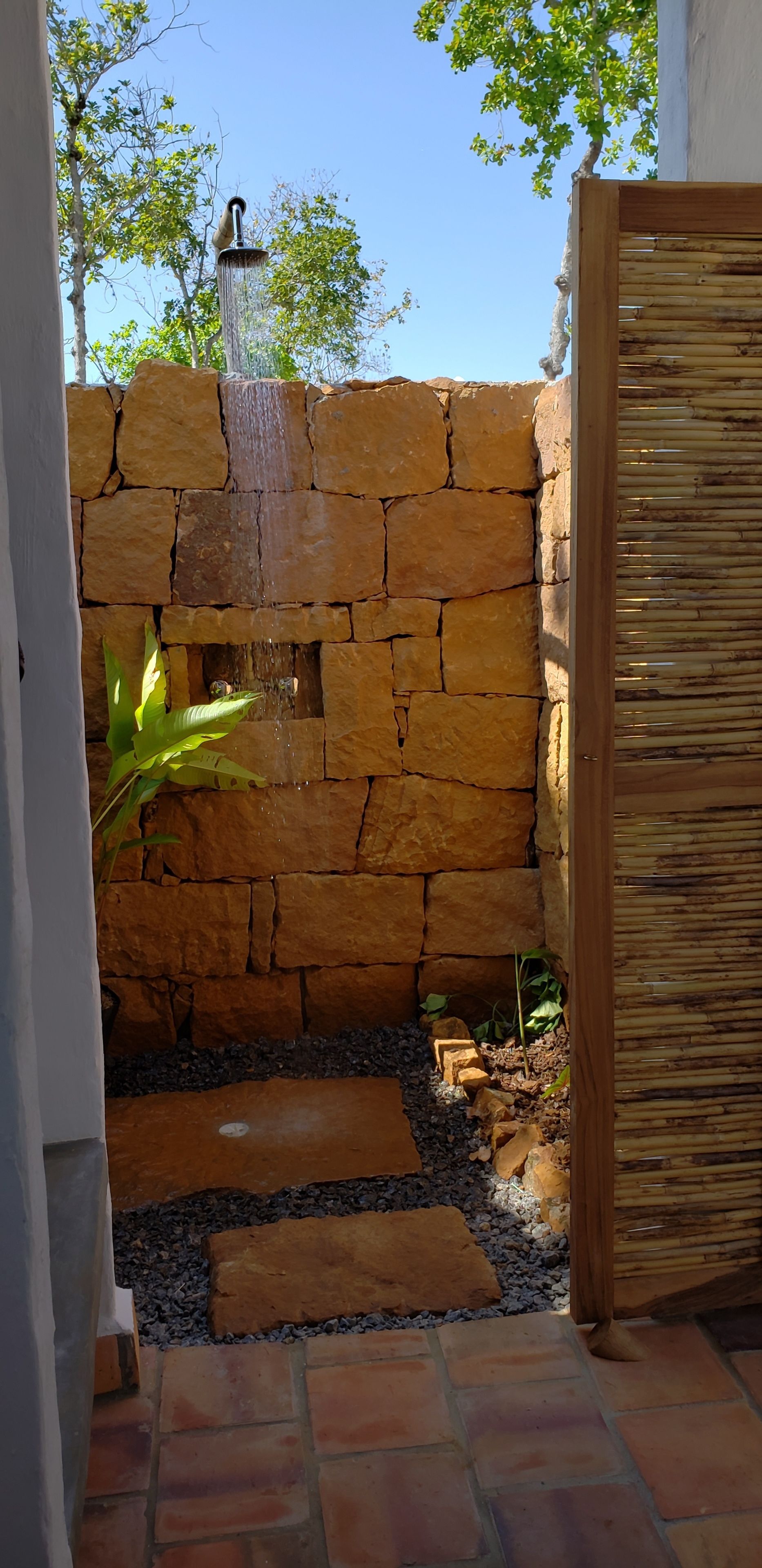 Un muro in pietra con un elemento d'acqua, un piccolo giardino con una pianta e un cancello in legno.