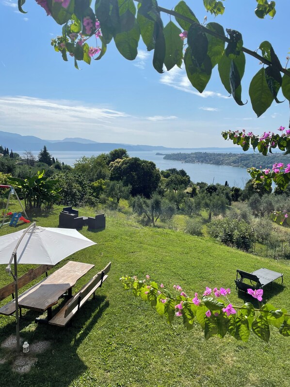 A picnic setup with a table and benches, surrounded by lush greenery and a view of a lake and distant mountains.