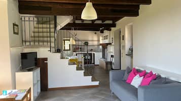 Een smart-tv, een open haard en boeken