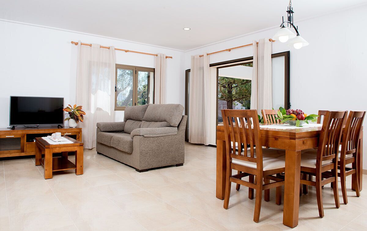 A living room with a sofa, TV, wooden coffee table, and dining area with a table and chairs.