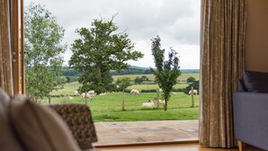 A room with a large window overlooking a grassy field with sheep. - Converted barn / Oast House with amazing views and EV chargers (Rye)