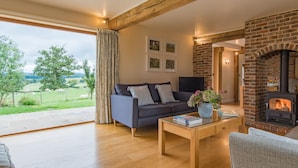 A modern living room with a sofa, coffee table, and fireplace. - Converted barn / Oast House with amazing views and EV chargers (Rye)