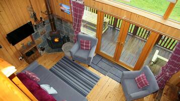 TV, fireplace, DVD player, books