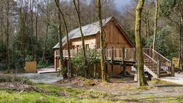 A wooden cabin with a staircase leading to a deck, surrounded by trees.