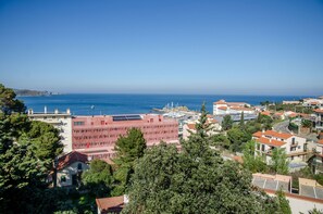 Un pueblo costero con edificios, un puerto deportivo y una vista despejada del mar.