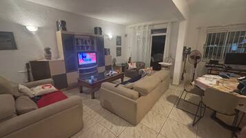 Een televisie, een dvd-speler, een tafeltennistafel en boeken