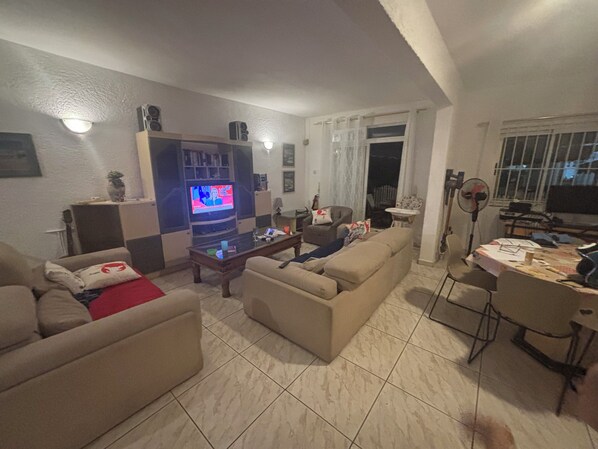 TV, DVD player, ping pong, books