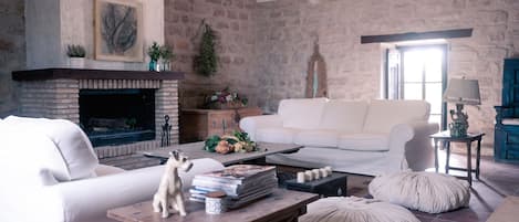 Televisión, chimenea, libros y biblioteca musical