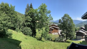 Un albergue de montaña con fachada de madera, rodeado de exuberante vegetación y una vista despejada de montañas distantes.