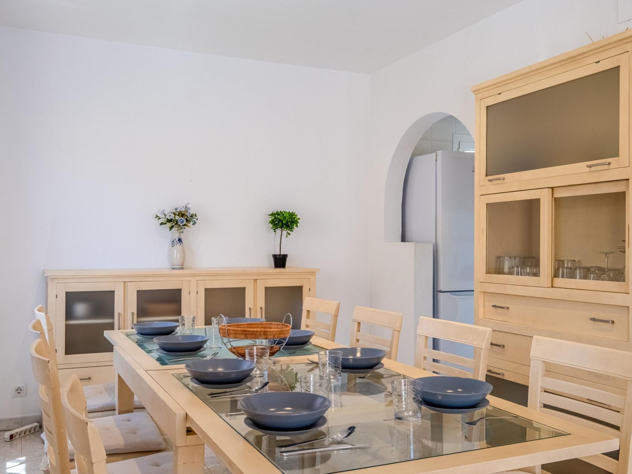 A dining area with a glass-top table, blue plates, and wooden chairs. There are two potted plants on the wall, and a cabinet with glass doors to the right.