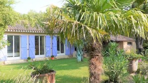 A house with blue shutters, a garden with various plants, and a palm tree. - Beautiful house with big garden and private pool (Mazan)