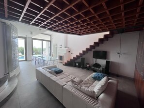 Smart TV, lareira, DVD player, livros