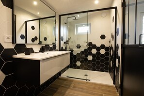 Shower, hair dryer, towels
