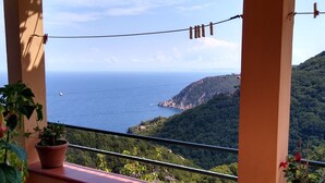 A balcony with a view of the sea and hills, a chair, and potted plants. - Tranquility and spectacular views (Marciana)
