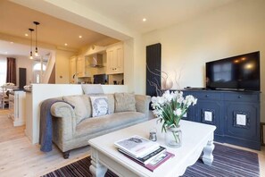TV, fireplace, DVD player, books
