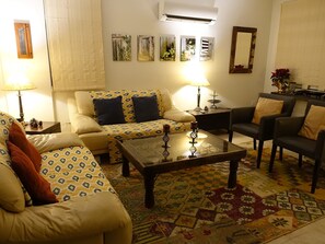 Smart TV, fireplace, DVD player, books