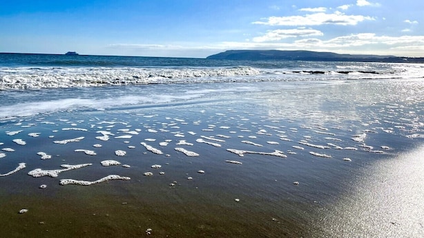 Une plage à l’eau claire, un navire au loin et un paysage vallonné.