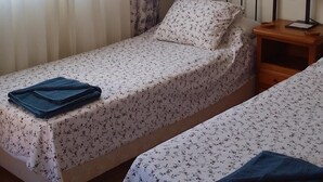 Un dormitorio con dos camas individuales, una mesita de noche con lámpara, una ventana con cortinas y un cuadro en la pared.