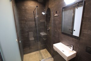 Une salle de bain moderne avec une douche à parois de verre, un lavabo blanc et un miroir au-dessus du lavabo.