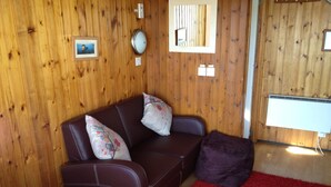 A cozy room with a brown leather sofa, two decorative pillows, a red rug, and wooden walls.