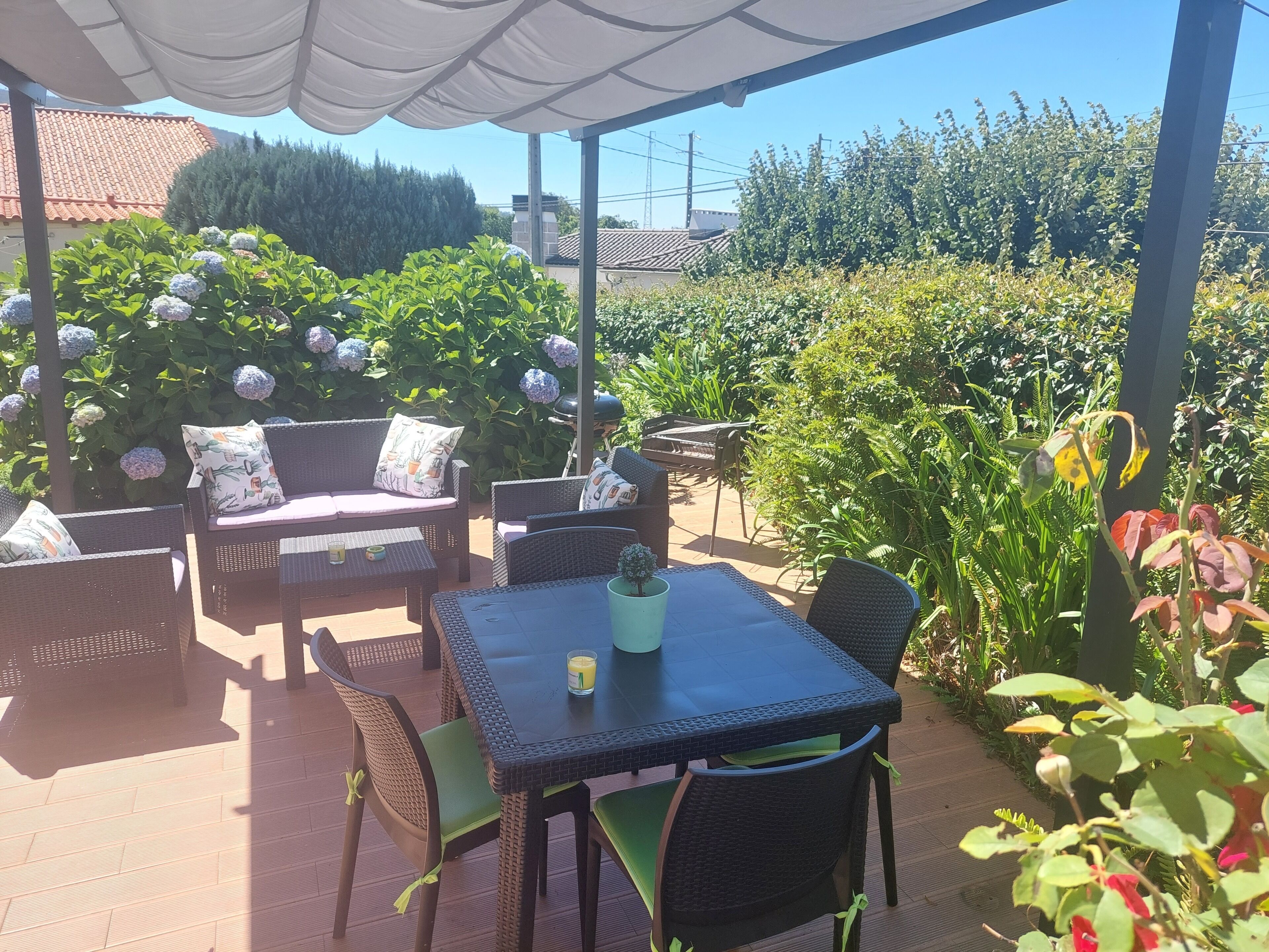 Een terras buiten met rieten meubels, een tafel en een potplant.