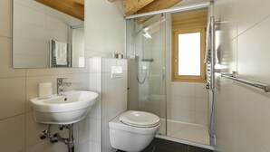 A modern bathroom with a white sink, toilet, and glass-enclosed shower. - Chalet Anna - La Tzoumaz, 4 Vallees (La Tzoumaz)