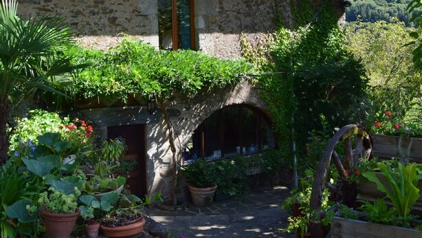 Une maison en pierre avec un toit de chaume, une porte en bois et un jardin agrémenté de plantes en pot et d’un banc en bois.