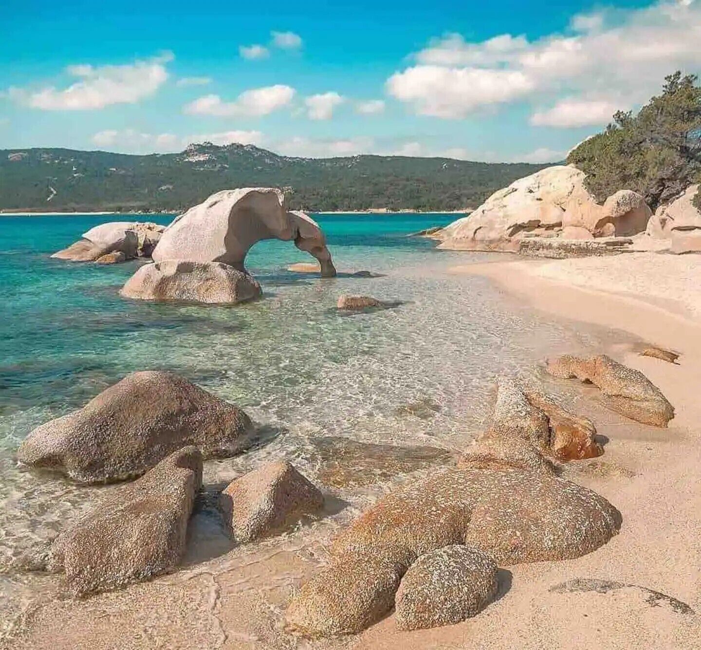 Ein Strand mit klarem Wasser, großen Felsen und einem Sandufer.