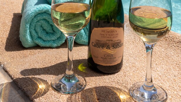 Una botella de vino y dos copas sobre una toalla junto a una piscina, con sillones de playa y una sombrilla al fondo.