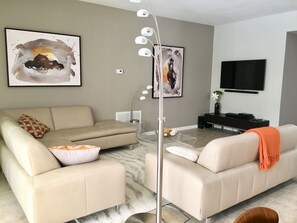Smart TV, foosball, books, stereo