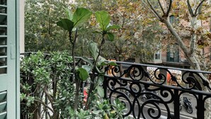 Un balcone con piante in vaso, ringhiera in ferro battuto e vista su una strada con un'auto gialla.