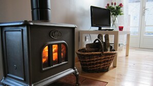 A wood-burning stove with a basket of firewood beside it. - Picturesque. A modern barn conversion, sleeps 5. Stunning views. (Frôlois)