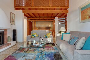 Smart TV, fireplace, DVD player, books