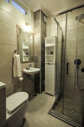 Bathtub, hair dryer, bidet, towels