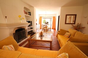 Televisión, chimenea, reproductor de DVD y libros 