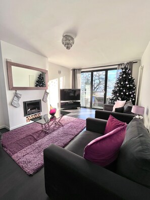 Smart TV, chimenea, consola de videojuegos y Netflix 