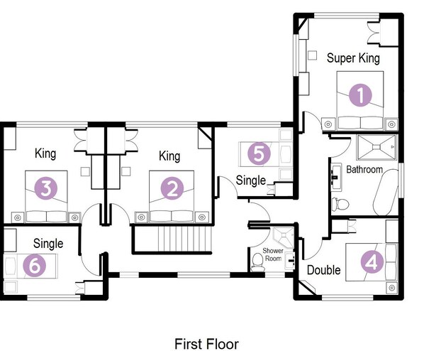 A first-floor floor plan of a hotel with six single rooms, two king-size rooms, a double room, a shower room, a bathroom, and a super king room. - Caithness Holiday Home (Pontypool)