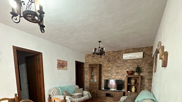 A cozy living room with a dining table, sofas, a TV, and a stone wall. - House in a very quiet rural area with easy accessibility. 3.5 km from the beach (Cajiz)