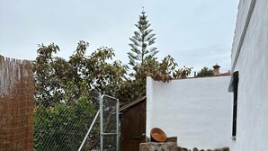 A courtyard with a Buddha statue, stone and gravel flooring, a white wall, and a fence. - House in a very quiet rural area with easy accessibility. 3.5 km from the beach (Cajiz)