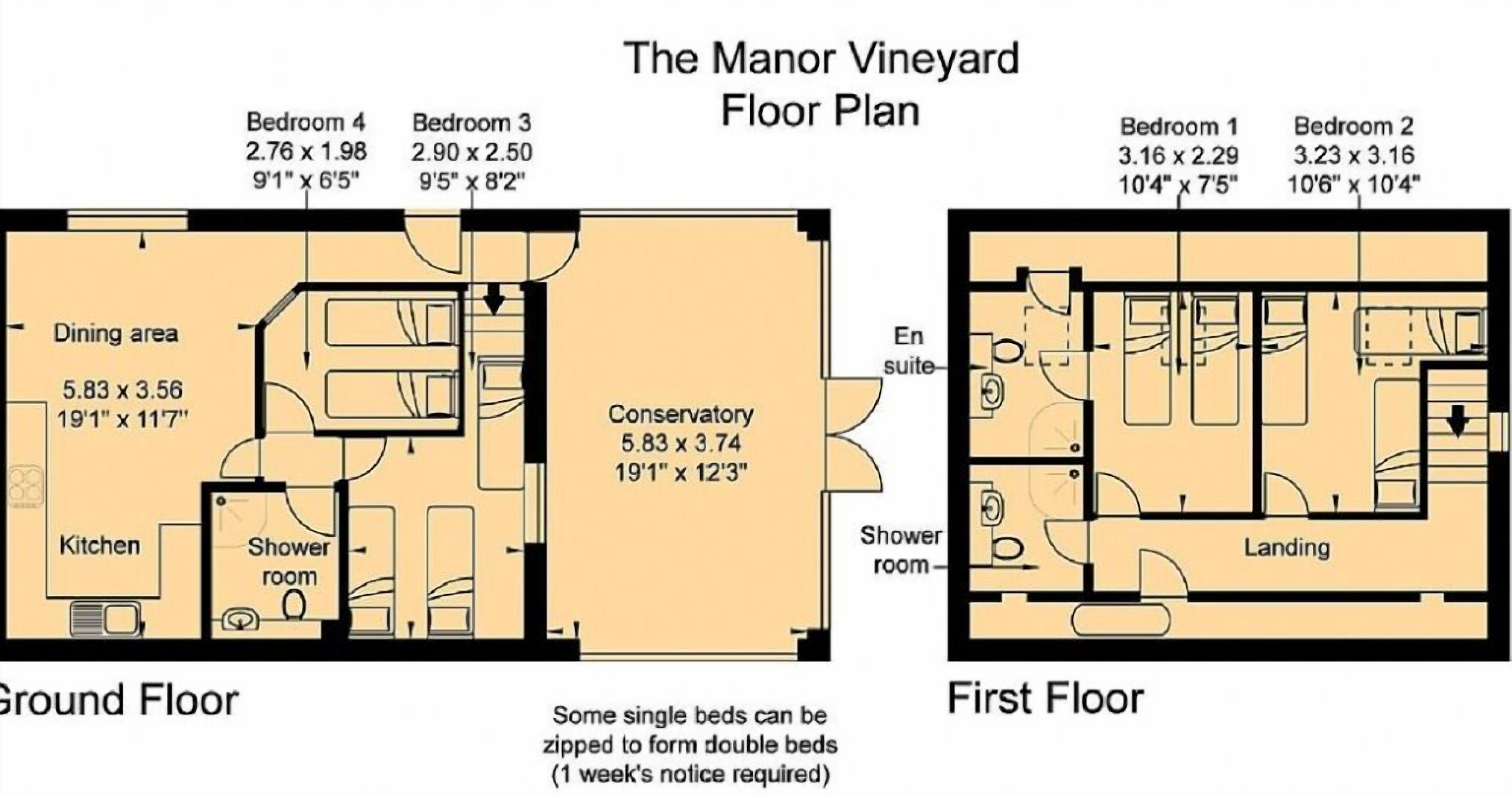 The Manor Vineyard floor plan with two floors, including bedrooms, a dining area, kitchen, and a conservatory.