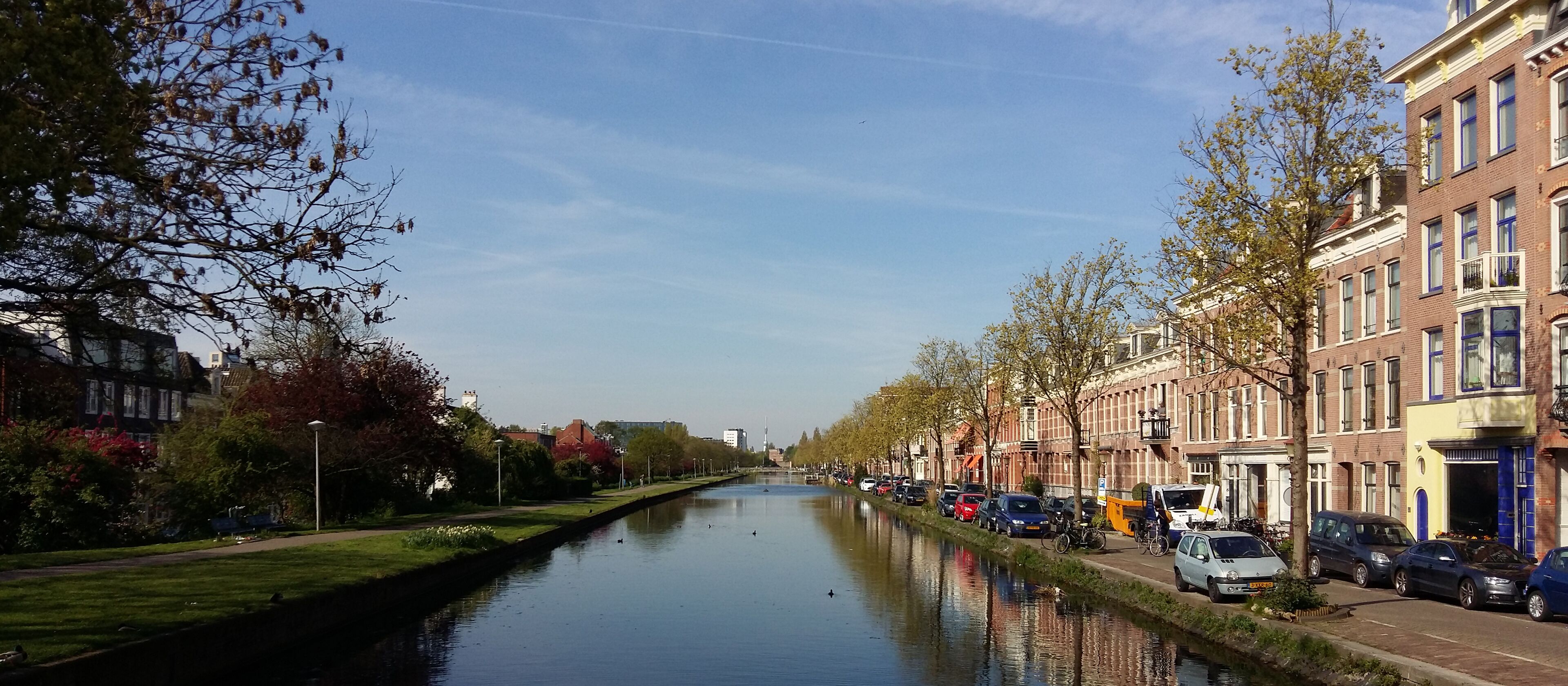 A canal lined with trees and parked cars on a sunny day.