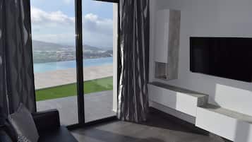 Een smart-tv, een tafeltennistafel, boeken en een stereo