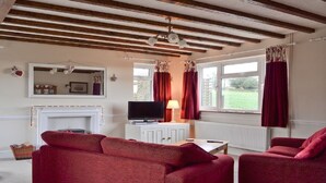 A living room with a fireplace, a television, red sofas, and a window with curtains. - Detached Rural Cottage in Idyllic Location with 3 acre safe secure 6ft dog field (Bradnop)