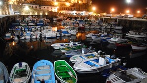 A marina at night with numerous boats docked, a stone wall, and buildings in the background.