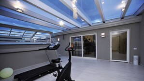 Une pièce spacieuse dotée d’une lucarne, d’un tapis de course et d’un vélo d’appartement.