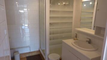 Shower, hair dryer, towels, toilet paper